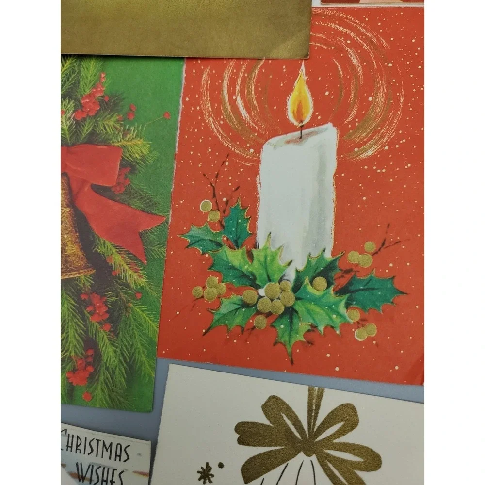13 Old Vintage Used Greeting Card Fronts Crafts Poinsetta Candle Evergreen Holly